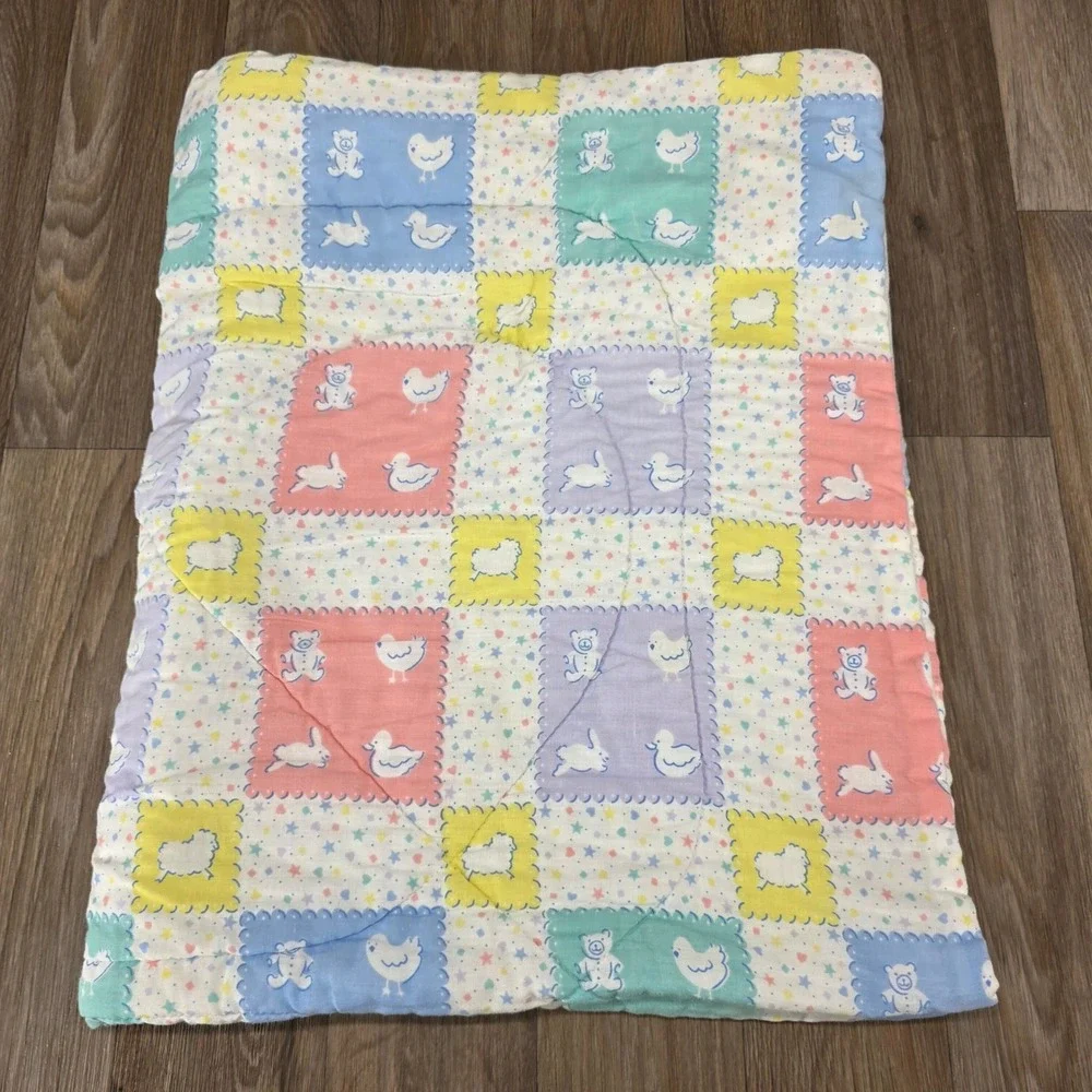 Vintage Pastel Baby Blanket Patchwork Bunny Bear Lamb Duck Nursery 33x40